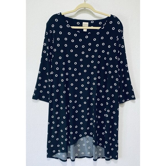 Chicos Top Womens XL Black White Grommet Dot Print Asymmetrical High Low Tunic - Picture 1 of 8